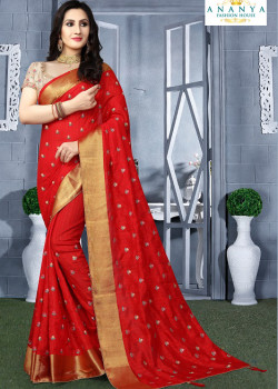 Plushy Red Silk Saree with Beige Blouse