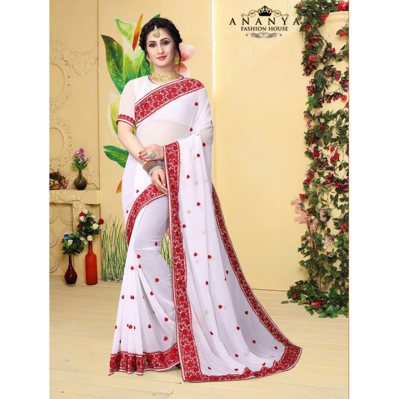 Classic White Georgette Saree with White Blouse