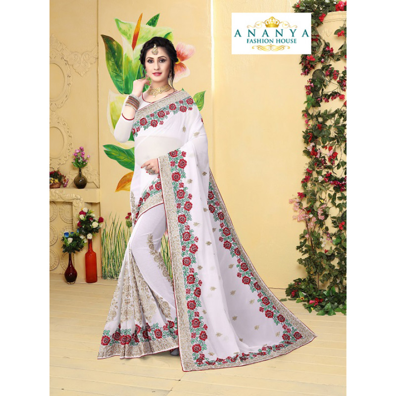 Exotic  White Georgette Saree with  White Blouse