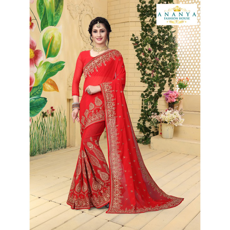 Plushy Red Georgette Saree with Red Blouse