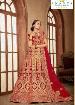 Adorable Red - Gold color Velvet  Wedding Lehenga Choli