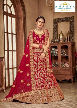 Flamboyant Red - Gold color Velvet  Wedding Lehenga