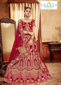 Divine Red - Gold color Velvet  Wedding Lehenga