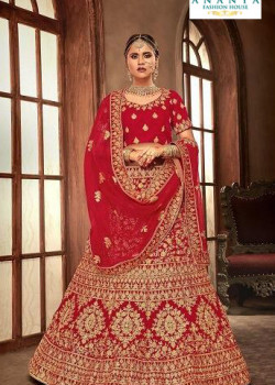 Flamboyant Red - Gold color Velvet  Wedding Lehenga