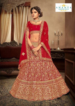 Trendy Red - Gold color Velvet  Wedding Lehenga