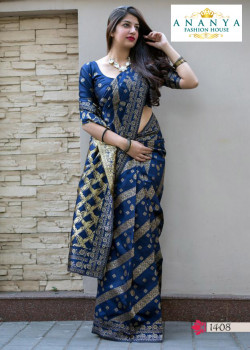 Charming Dark Blue Silk Saree with Dark Blue Blouse