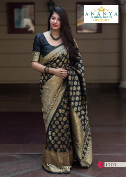 Flamboyant Black- Gold Silk Saree with Black Blouse