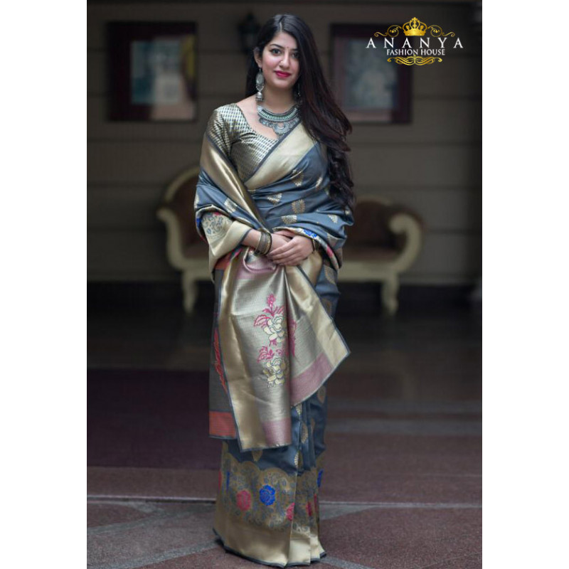 Luscious Multicolor Silk Saree with Gold Blouse