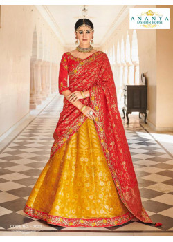 Dazzling Yellow color Banarasi Tissue Designer Lehenga