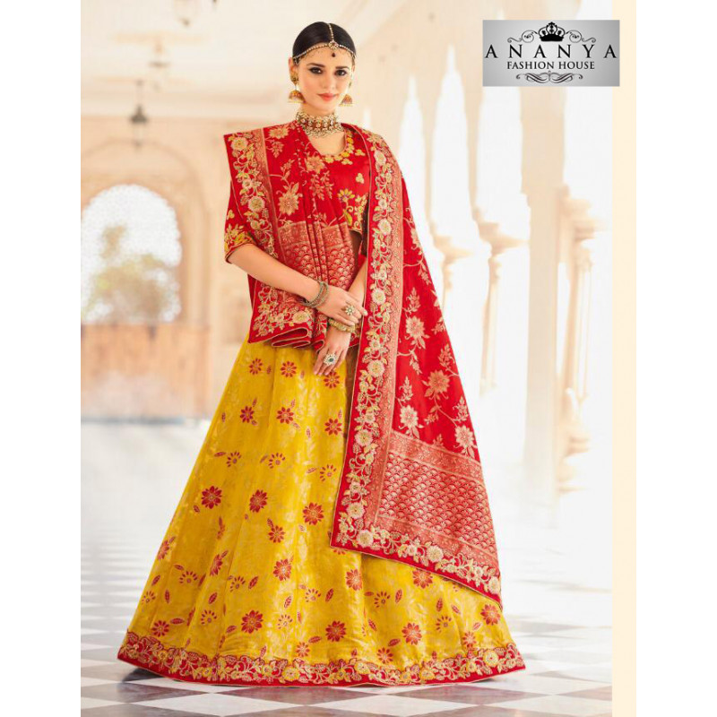Plushy Yellow color Banarasi Tissue Designer Lehenga