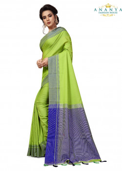 Exotic Green Cotton Saree with Blue Blouse