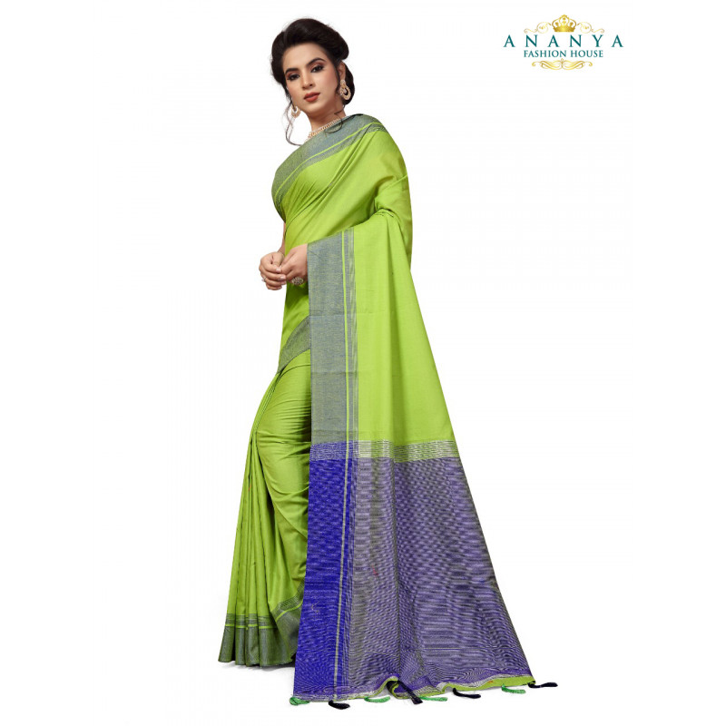 Exotic Green Cotton Saree with Blue Blouse