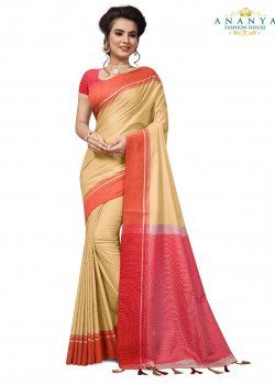Gorgeous Beige Cotton Saree with Pink Blouse