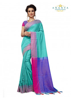 Incredible Light Blue Cotton Saree with Purple Blouse