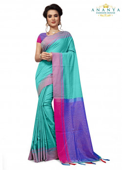 Incredible Light Blue Cotton Saree with Purple Blouse