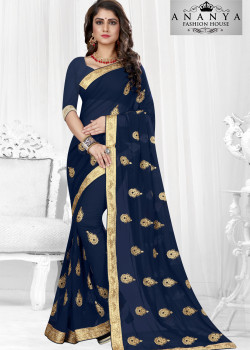 Enigmatic Dark Blue Georgette Saree with Dark Blue Blouse