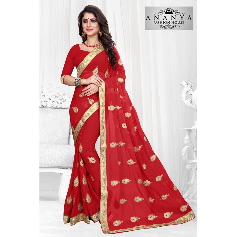 Classic Red Georgette Saree with Red Blouse