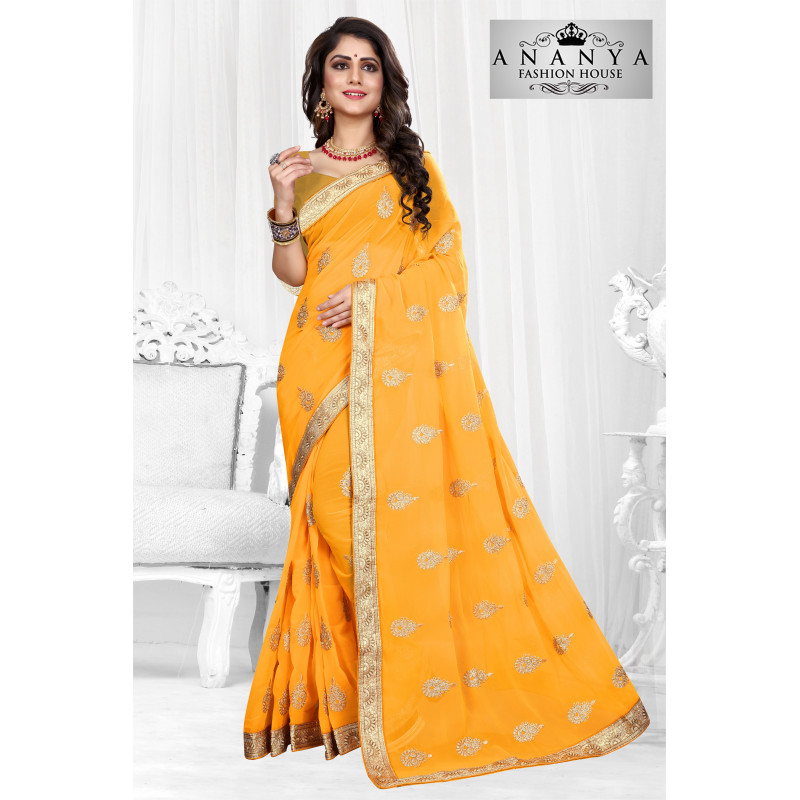 Flamboyant Yellow Georgette Saree with Yellow Blouse