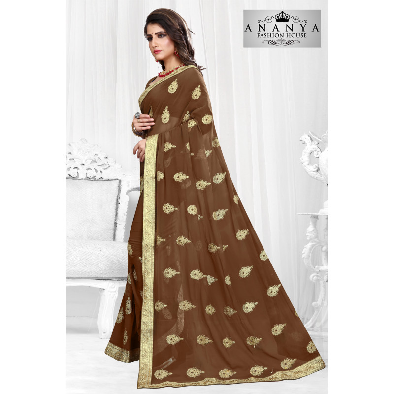 Trendy Brown Georgette Saree with Brown Blouse