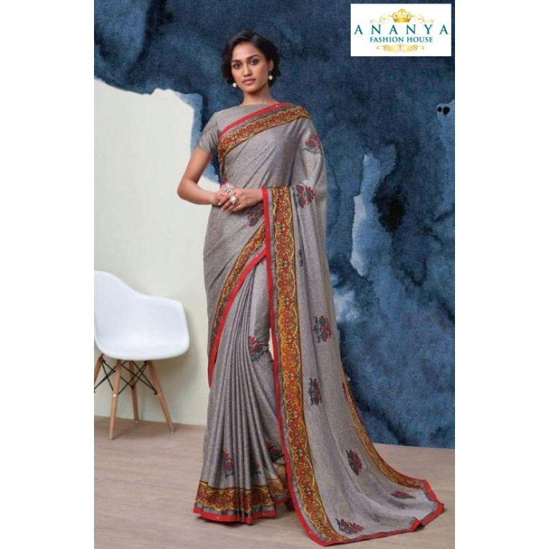 Exotic Grey Georgette Saree with Grey Blouse