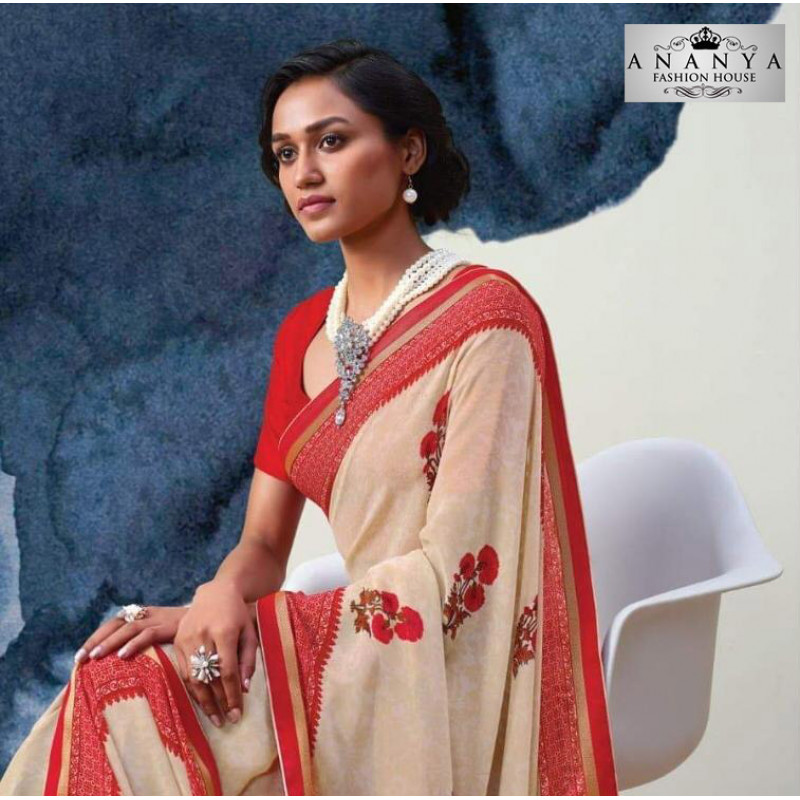 Gorgeous Off White- Red Georgette Saree with Red Blouse