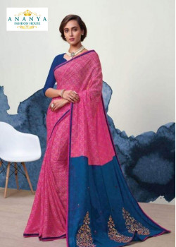 Magnificient Pink- Blue Georgette Saree with Dark Blue Blouse