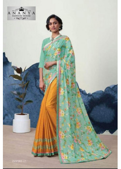 Melodic Pastel Blue- Mustard Georgette Saree with Pastel Blue Blouse