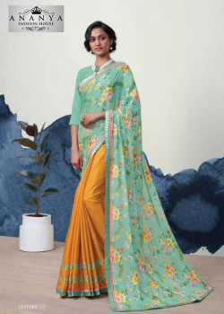 Melodic Pastel Blue- Mustard Georgette Saree with Pastel Blue Blouse