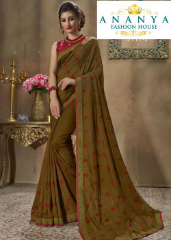 Plushy Olive Green Silk Saree with Wine Blouse