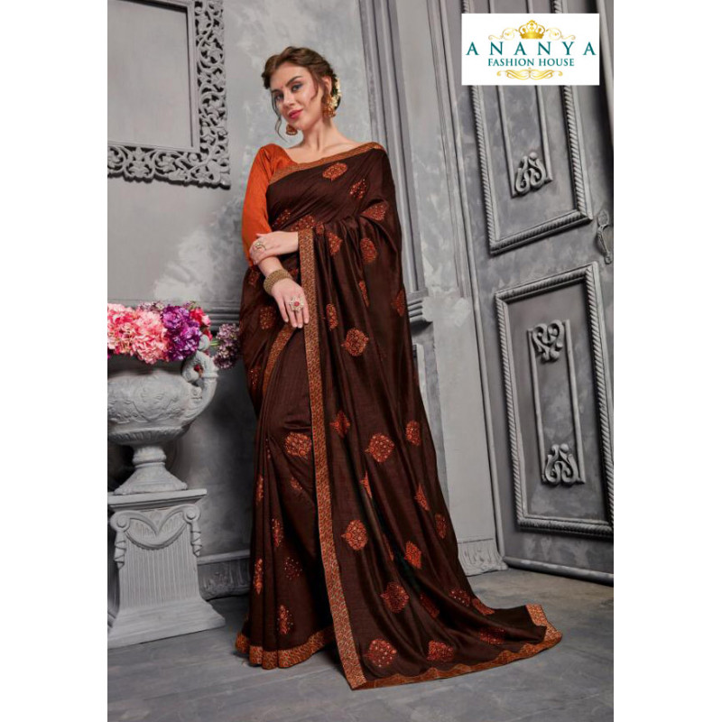 Trendy Brown Silk Saree with Orange Blouse