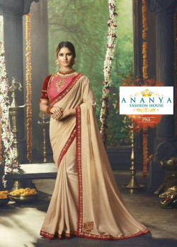 Adorable Beige Silk Saree with Pink- Red Blouse