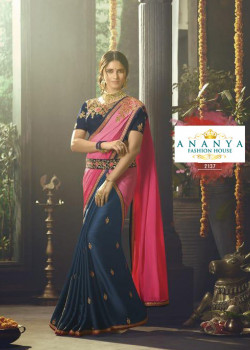 Enigmatic Dark Blue- Pink Crape- Chiffon Saree with Dark Blue Blouse