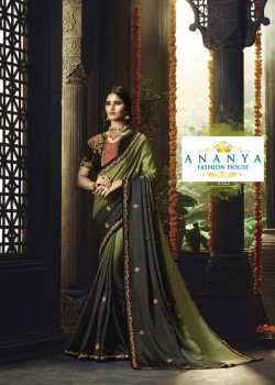 Exotic Olive Green- Black Barfi Saree with Black Blouse