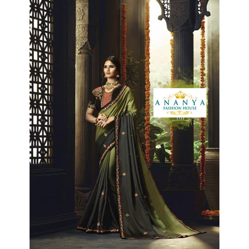 Exotic Olive Green- Black Barfi Saree with Black Blouse