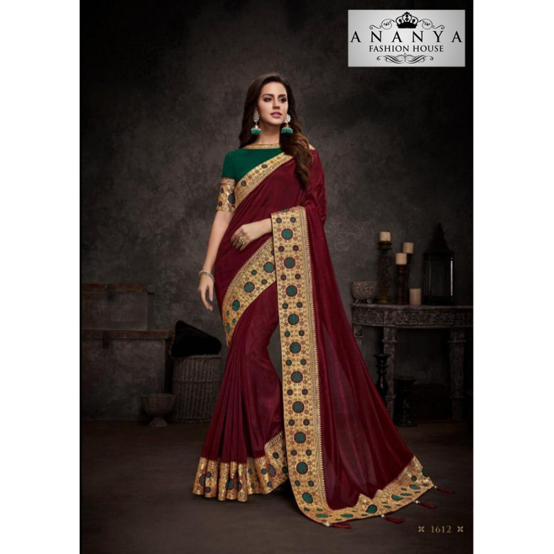 Gorgeous Maroon Silk Saree with Bottle Green Blouse