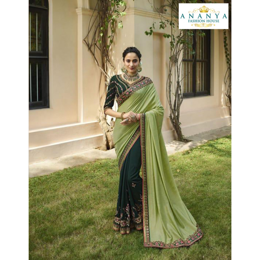 Bottle Green Embroidered Georgette Saree – Meena Bazaar