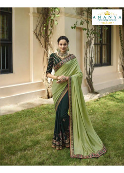 Enigmatic Pista Green- Bottle Green Silk Saree with Bottle Green Blouse