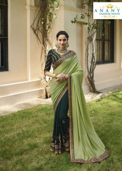 Enigmatic Pista Green- Bottle Green Silk Saree with Bottle Green Blouse