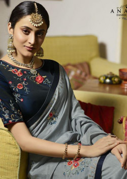 Melodic Grey Silk Saree with Dark Blue Blouse