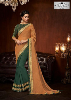 Classic Bottle Green- Orange Silk Saree with Green Blouse