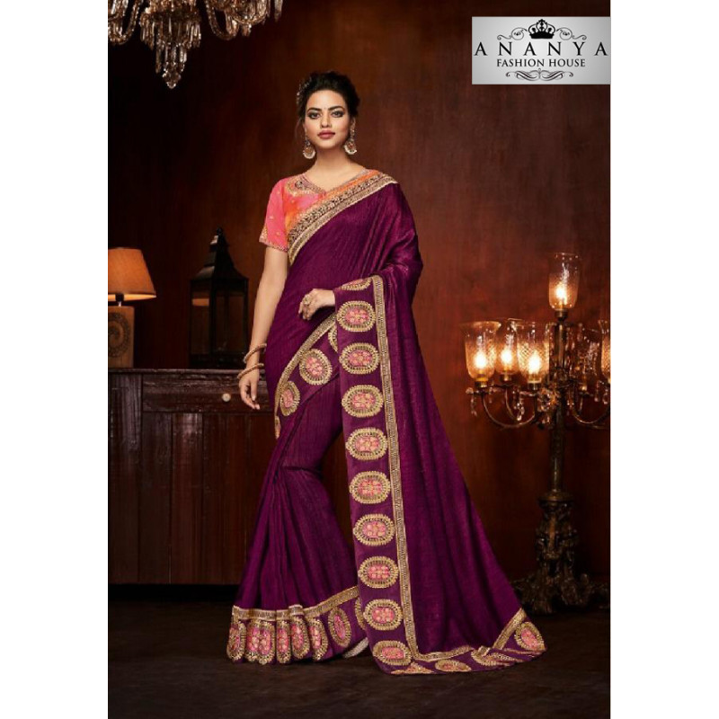Dazzling Violet Silk Saree with Pink Blouse