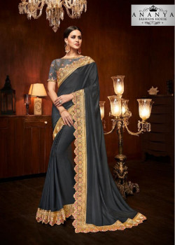 Magnificient Dark Grey Silk Saree with Dark Grey Blouse