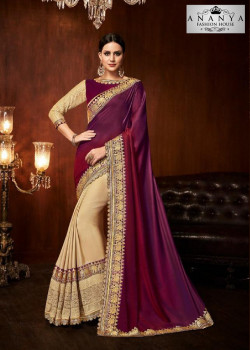Trendy Beige- Violet Silk Saree with Violet Blouse