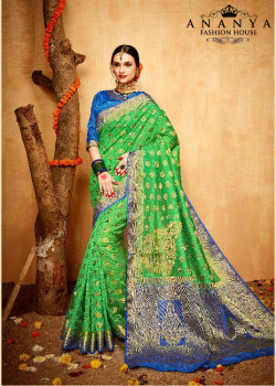 Enigmatic Green- Blue Silk Saree with Blue Blouse