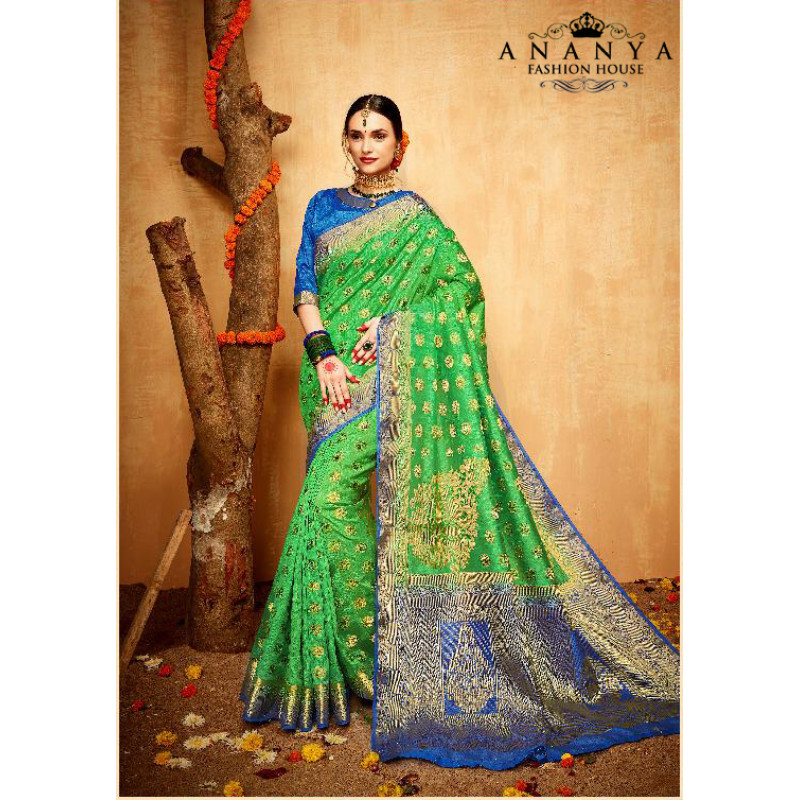 Enigmatic Green- Blue Silk Saree with Blue Blouse