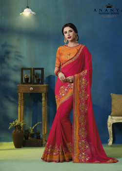 Enigmatic Pink- Orange Silk Georgette Saree with Orange Blouse