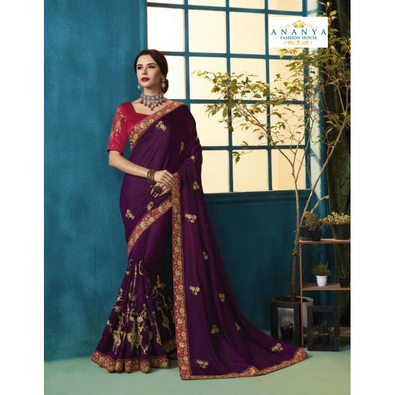 Exotic Violet Silk Georgette Saree with Magenta Blouse