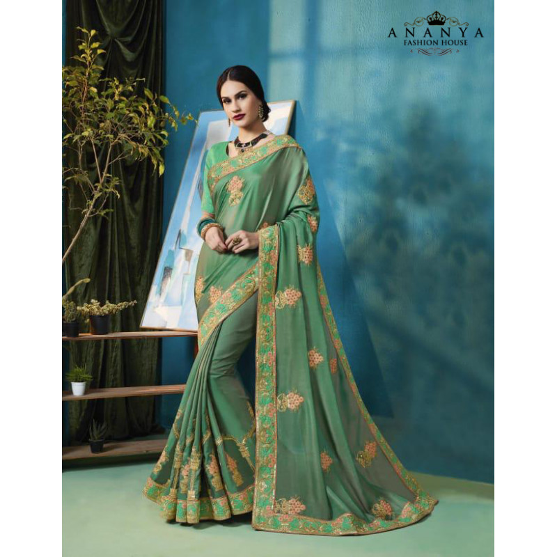 Gorgeous Sea Green Silk Georgette Saree with Sea Green Blouse