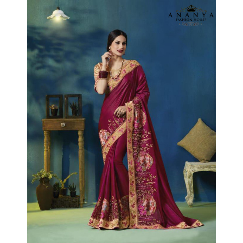 Melodic Wine Silk Georgette Saree with Gold Blouse