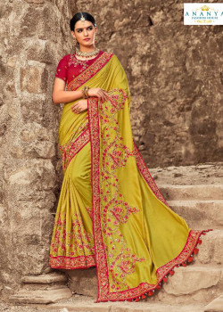 Dazzling Green Russian Silk Saree with Maroon Blouse